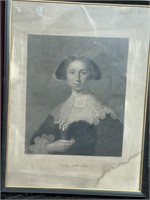 Framed  antique engraving “Lady with Fan”