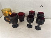 Vntg Set of Ruby Red Goblets & Cups, Amber Cup