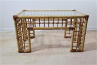 Mid Century Bamboo Rattan Glass Top Serving Tray