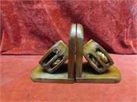 Pair wood pulley block bookends.
