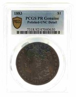 1883 US MORGAN $1 SILVER COIN PCGS POLISHED-UNC DE