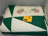 GREEN AND WHITE EMBROIDERED QUILT