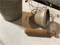 Vtg fruit vegetable strainer saucer rack, bucket