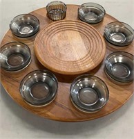 Teak lazy Susan and glass bowls