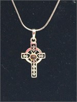 Amber and Sterling Celtic Cross and 20" Chain