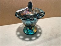 6" Blue Carnival Glass Harvest Grape Compote