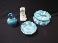 Four pieces art pottery: lidded casserole with