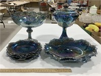 8 Blue/ Green Carnival glass dishes