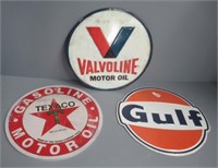 (3) Tin signs, includes round Gulf 12" sign, etc.