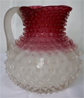 Hobbs Brockunier Cranberry Frosted Hobnail Pitcher