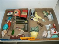 2 FLATS WITH CERAMIC SMALL FIGURES, VINTAGE TINS,