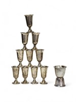 SET OF 10 STERLING SILVER CORDIALS AND A JIGGER
