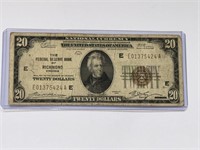 RARE 1929 US NATIONAL CURRENCY RICHMOND $20 BILL