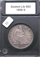 1858 S SEATED HALF DOLLAR XF PQ