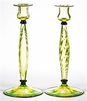 SWIRL AND PANEL-OPTIC GLASS PAIR OF CANDLESTICKS,