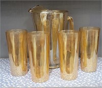 Carnival glass pitcher & 4 glasses