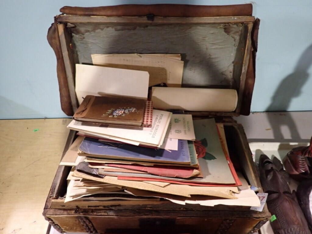 HIDE COVERED TRUNK W/ PAPER & EPHEMERA CONTENTS