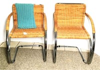 Pair Woven Wicker C Frame Chairs