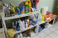 PLASTIC SHELF W/LAUNDRY SUPPLIES AND MOP BUCKETS