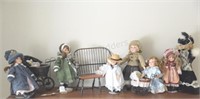 Large Set of Collector Dolls, Carriages, Bench