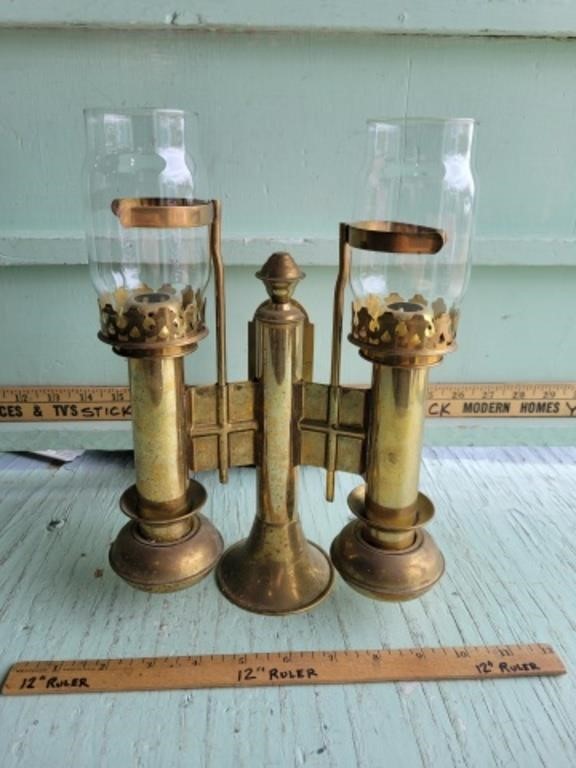 VTG. BRASS DOUBLE CANDLE SCONCE RAILROAD LAMP
