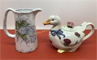 * Porcelain pitcher & Lenox duck tea pot