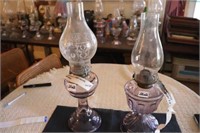2 Amethyst Oil Lamps & 1 Clear Oil Lamp