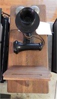 Antique Oak wall mount telephone with exposed