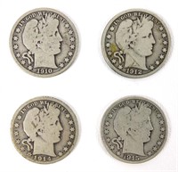 1910-s, 1912-s, 1914-s, 1915-s Barber Half Dollars