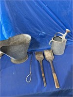 Coal scuttle, hand scoops, galvanized watering can