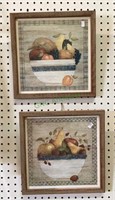 Complementary kitchen prints of fruit in a bowl.