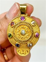 18k Medallion Pendant with Multi-Colored Stones,