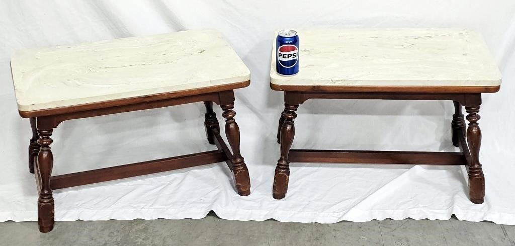 Pair Vintage Side Tables w Marble Like Surfaces
