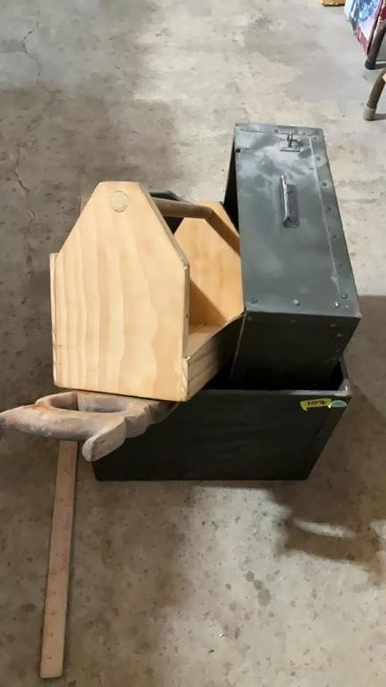 Hand saw, wooden tool box and drawer