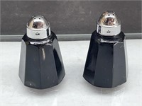 Black Glass Salt and Pepper Shakers Silver caps