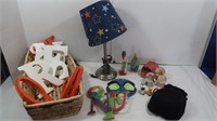 Misc Lot-Basket, Lamp w/20" Star Shade, Wooden