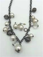 Silver Tone Heart, Bead & Pearl Necklace, Earrings