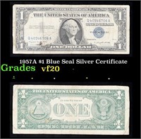 1957A $1 Blue Seal Silver Certificate Grades vf, v