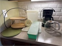 Tupperware, coffee maker and cutting board lot