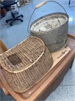 Vintage minnow bucket and fishing basket