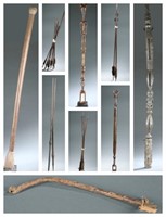 7 African metal, wood, and feather objects.