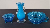 Blown Glass Vase, Blue Depression Glass Dishes (3)