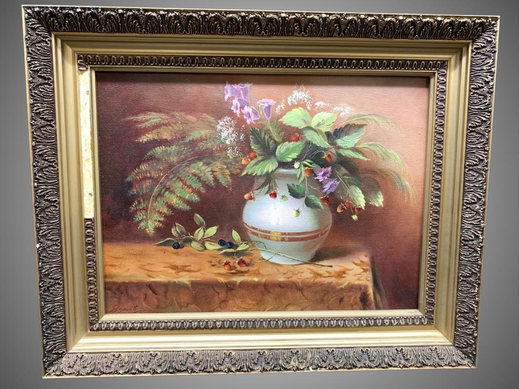 Signed oil on canvas, still life style, of a flowe