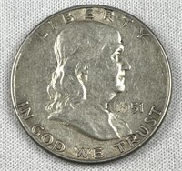 1951 Franklin Silver Half Dollar, US 50c Coin