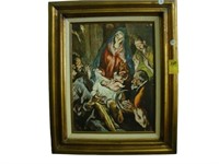 Oil on board of The Nativity, in gilt frame