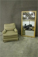 UPHOLSTERED CHAIR WITH LARGE MIRROR, MIRROR APPROX