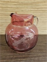 Vintage Cranberry Glass Pitcher with Attached