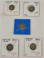 Lot Of 5 U S Mercury Silver Dimes, P & D Marks