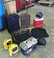 Tackle Box, minnow buckets, suitcases, helmets