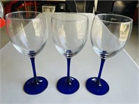 (3) Made in FRANCE Blue Stemmed Wine Glasses